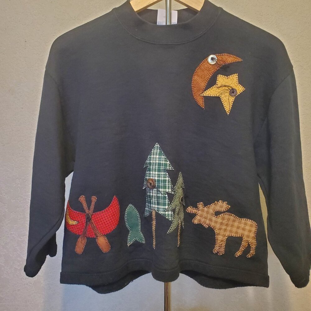 Vintage 1990 Moose Tree, Canoe Patchwork 90's Graphic Sweatshirt / / Souvenir /